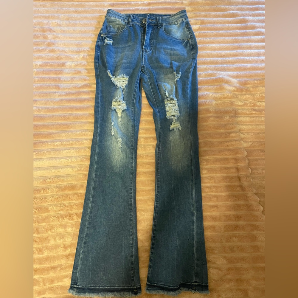 No Brand Flared Ripped Blue Jeans
